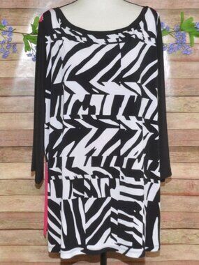 Susan Graver Women 3X Liquid Knit Blouse Shirt Black White Pink Geo Print Tunic